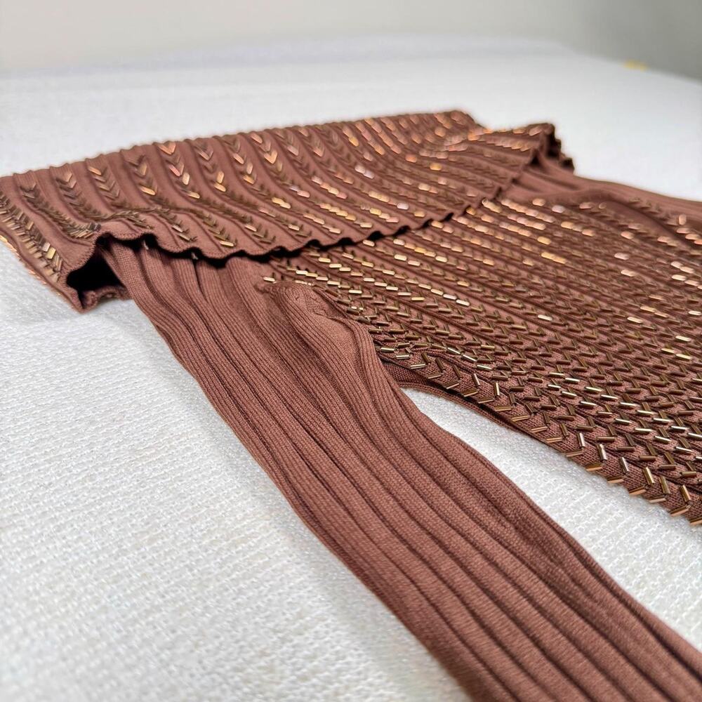 Cache Off Shoulder Ribbed Knit Top Brown Studded Stretch XS Y2K Metallic Trim EU - Picture 7 of 8